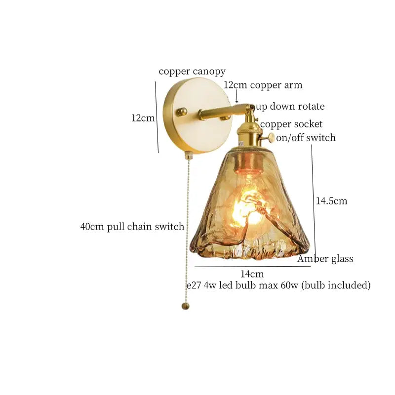 Copper wall lamp with amber textured glass shade and pull chain switch decorbites led wall lamp for bedroom lighting