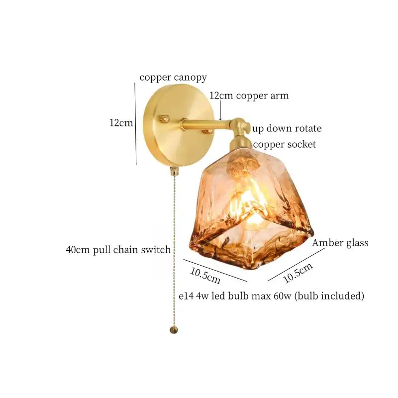Decorbites amber glass led wall lamp with warm amber glass and copper canopy featuring up-down rotating socket