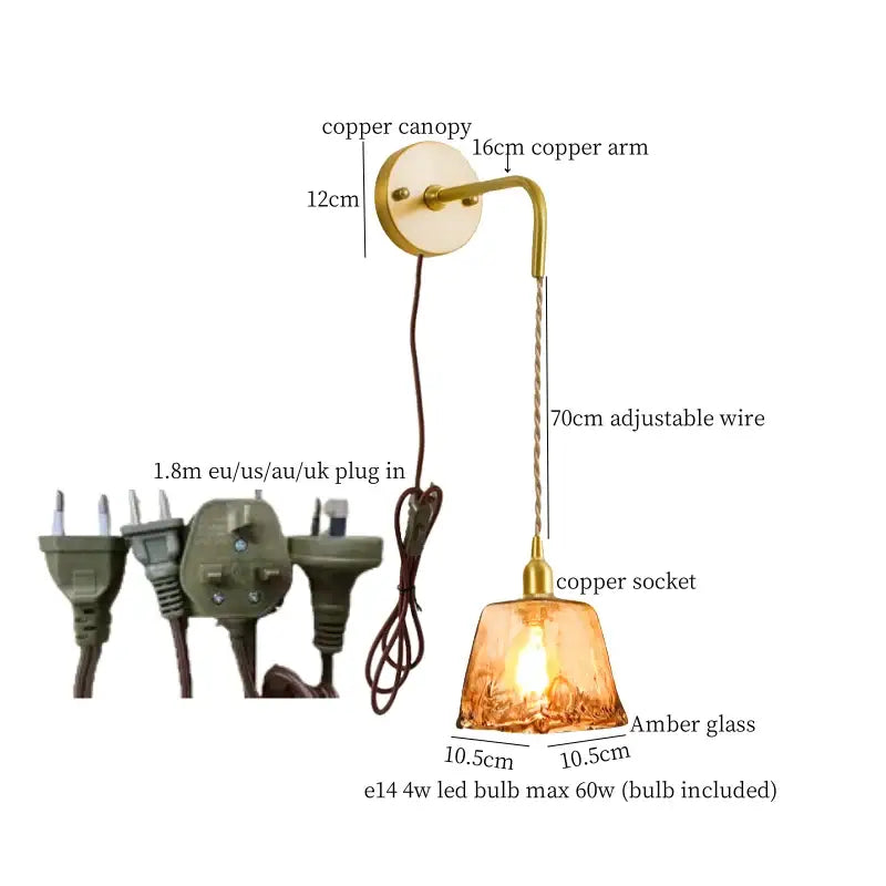 Decorbites amber glass led wall lamp with copper canopy and arm, adjustable wire, includes led bulb for bedroom lighting