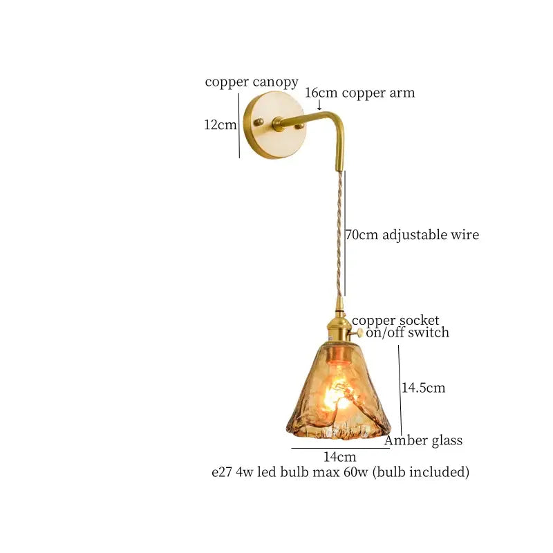 Copper-finished decorbites amber glass led wall lamp with conical shade and adjustable wire for bedroom lighting