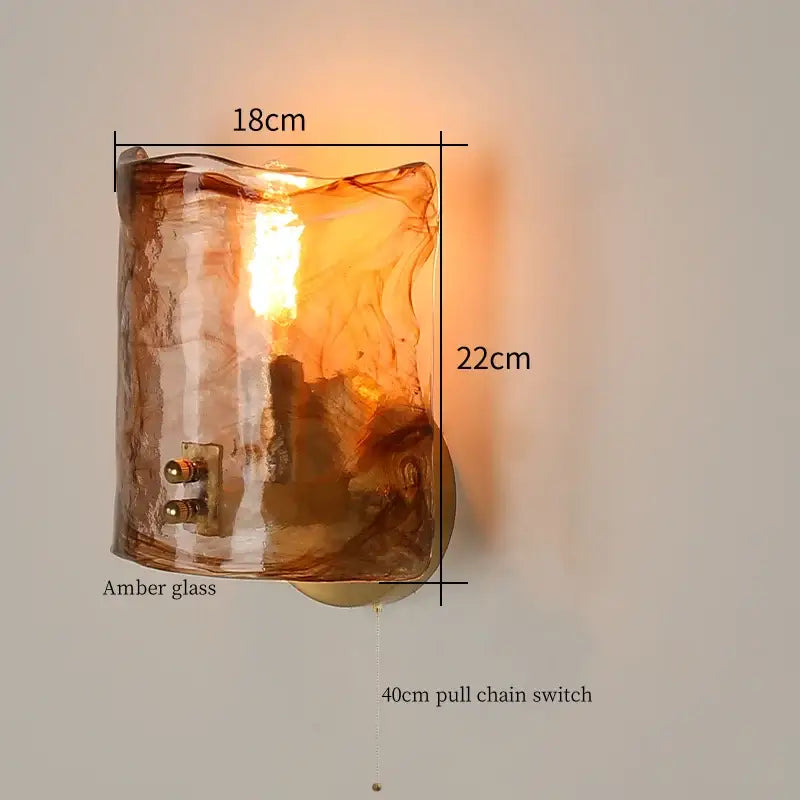 Decorbites amber glass led wall lamp with textured hand-blown design copper finish and 40cm pull chain switch