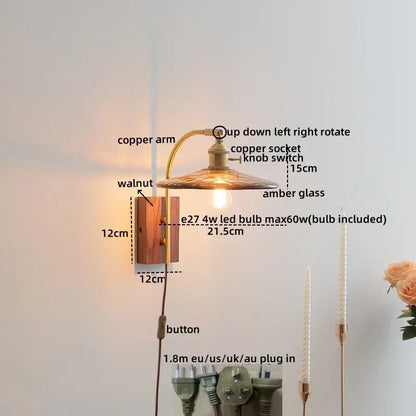 Copper wall lamp with decorbites amber glass led shade and walnut wood backplate for modern nordic decor