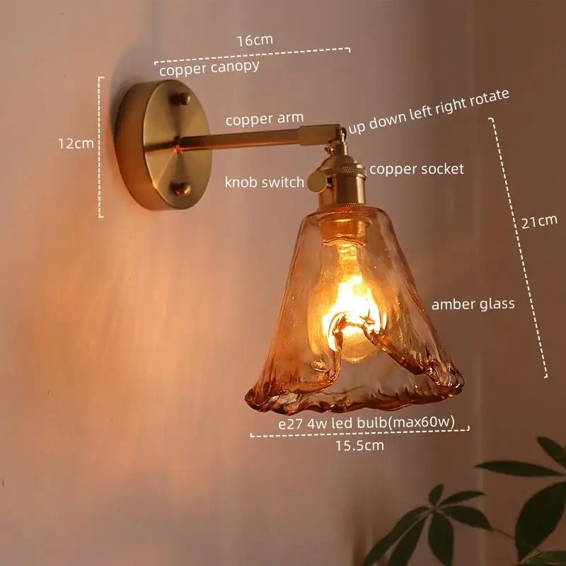 Copper wall lamps with decorbites amber glass led shade and knob switch ideal for living room and bathroom mirror lighting