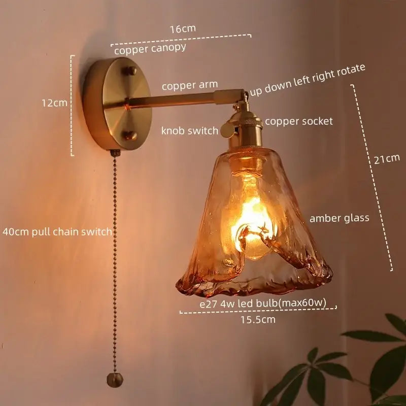 Decorbites amber glass led wall lamps with warm amber glass and copper finish for living room and bathroom lighting