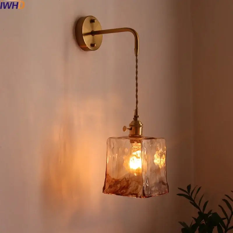 Brass-finished wall lamps with decorbites amber glass led textured amber-tinted shade for living room and bathroom lighting