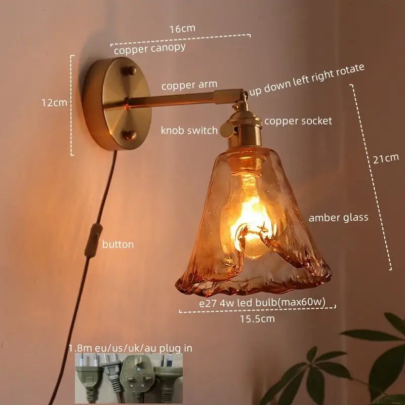 Copper wall lamps with amber glass led shade decorbites amber glass for living room and bathroom mirror lighting