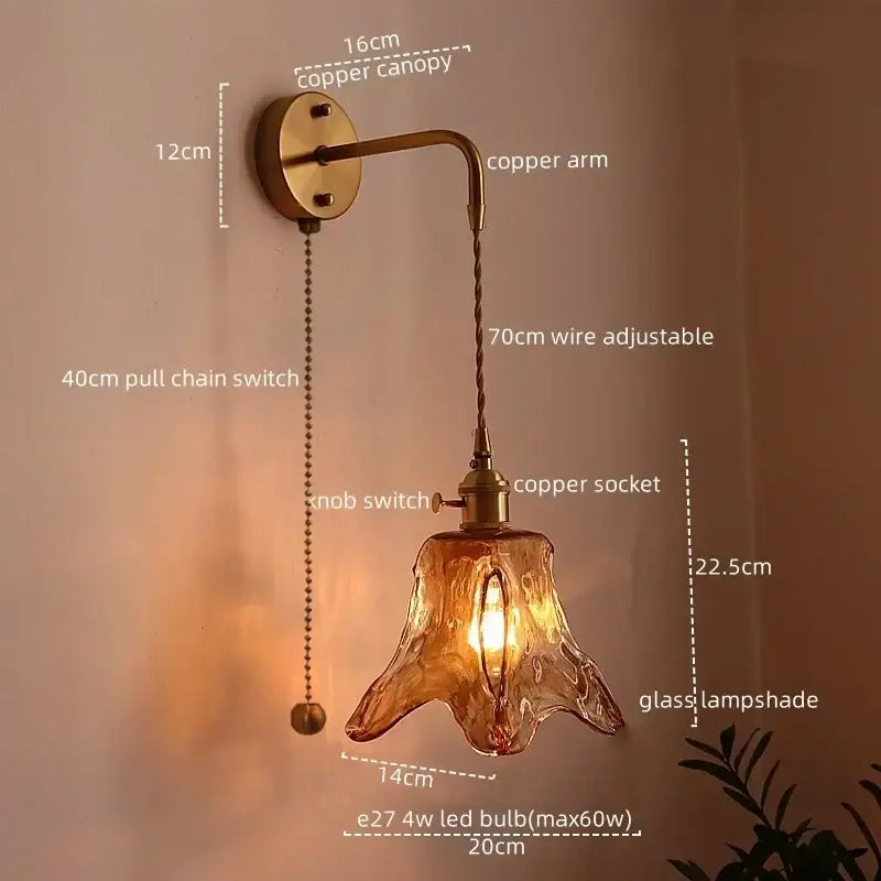 Antique brass-finished copper wall lamps with decorbites amber glass led hand-blown amber glass lampshade for living rooms
