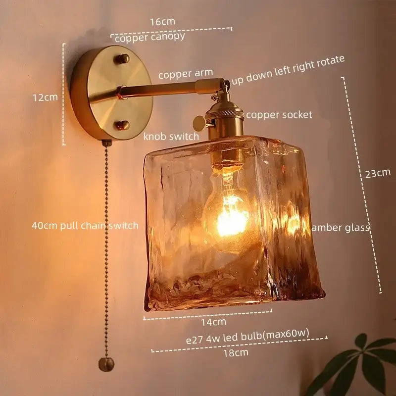 Copper-finished DecorBites amber glass wall lamp with textured amber glass led shade and adjustable arm for living room lighting