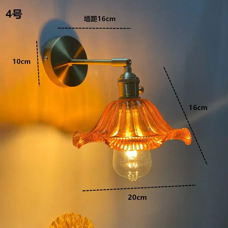 DecorBites amber glass wall light fixture with fluted petal design and brass-finished metal arm Nordic modern sconce