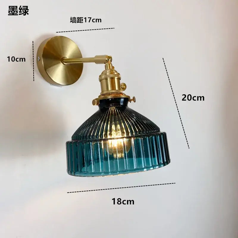 DecorBites™ amber glass led wall light fixture with brass arm and ribbed teal glass shade in Nordic modern style