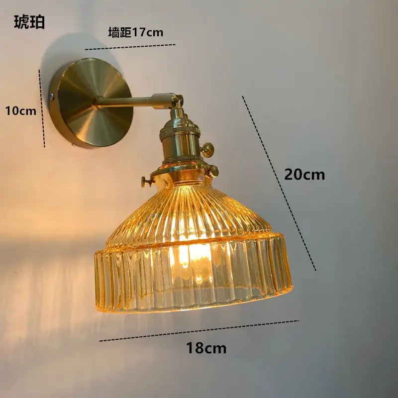 DecorBites amber glass LED wall light fixture with vintage brass and ribbed amber glass shade Nordic modern sconce