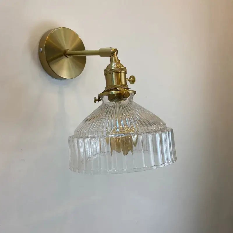 DecorBites amber glass LED wall light fixture with brass finish and clear ribbed glass shade nordic modern sconce