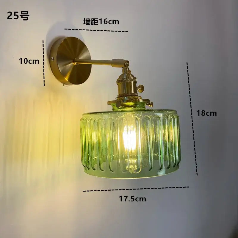 DecorBites amber glass led wall light fixture with brass-finished metal arm and green ridged glass shade Nordic modern sconce