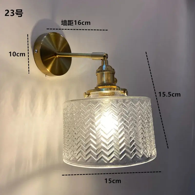 Decorbites amber glass led wall light fixture with clear chevron glass lampshade and brass finish sconce