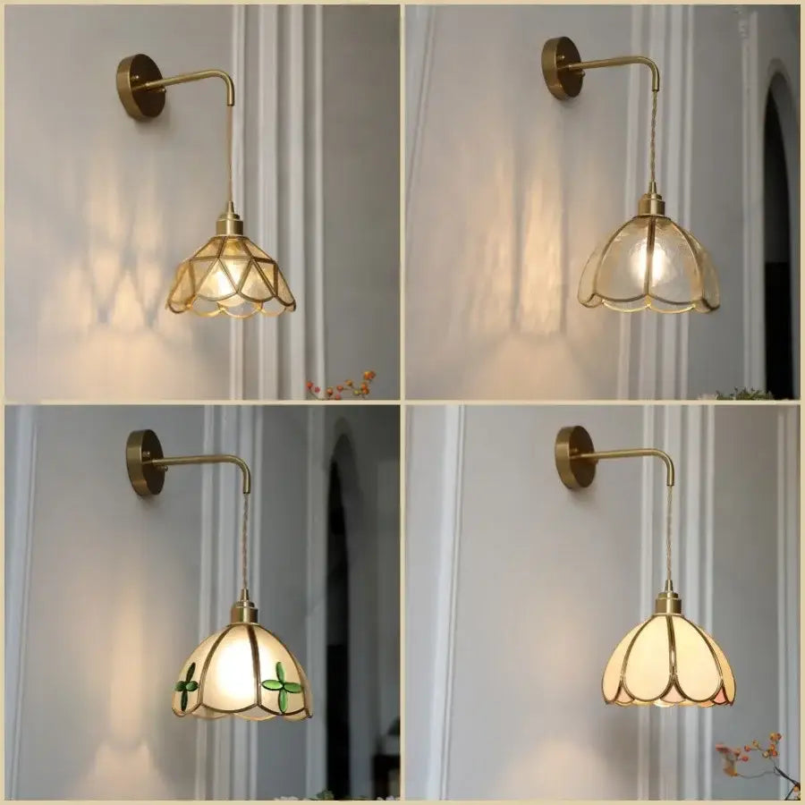 Brass-finished decorbites™ led wall light with amber petal-shaped glass shade featuring geometric patterns for bedroom and staircase