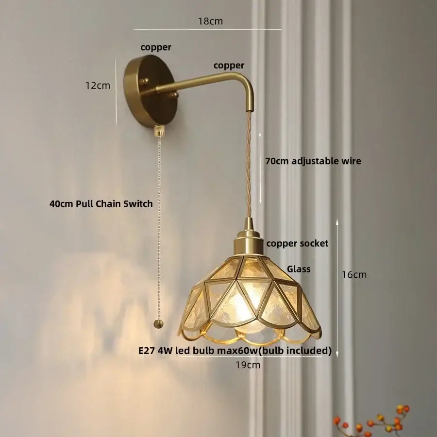 DecorBites amber glass led wall light with vintage brass sconce and adjustable copper wire for bedroom and staircase use