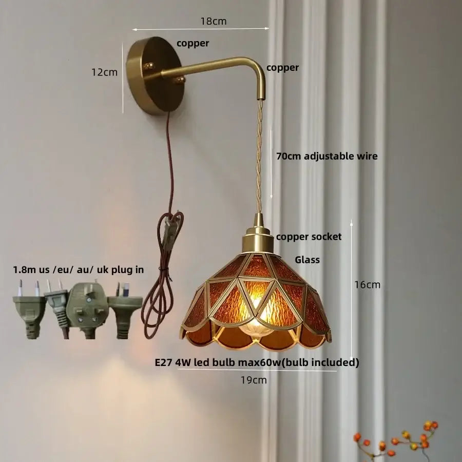 Antique-style copper led wall light with amber and gold stained glass shade for bedroom and staircase by DecorBites