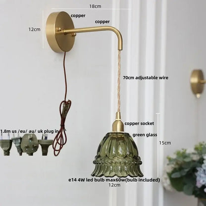 DecorBites amber glass led wall light with brass copper finish, adjustable wire, and green glass shade flower sconce