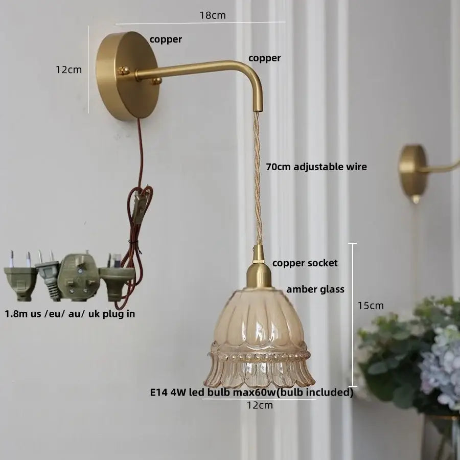 DecorBites amber glass led wall light with copper arm and fluted amber glass shade pull chain switch modern sconce