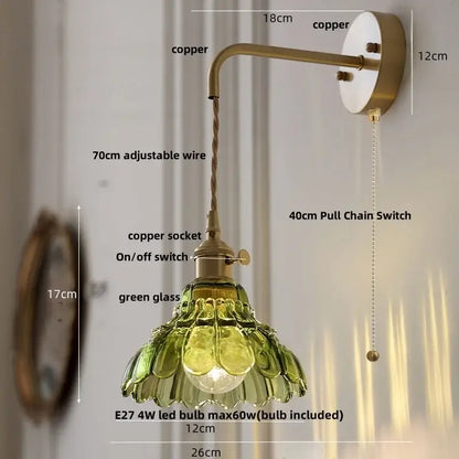 Vintage-style DecorBites amber glass wall light with copper sconce and green petal-shaped glass shade for LED lighting