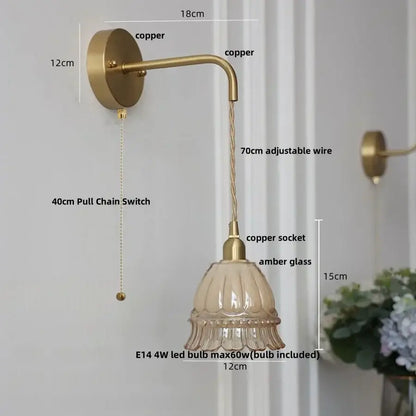 DecorBites amber glass led wall light with vintage copper sconce, fluted amber glass shade, and 70cm adjustable wire