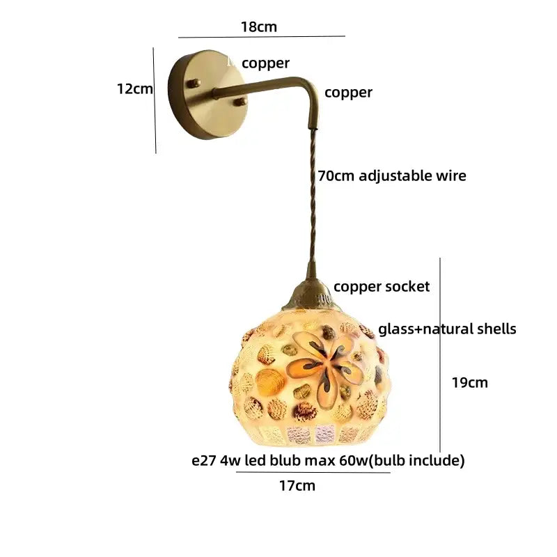 Decorbites amber glass led wall light with copper bracket and seashell floral glass shade for modern home décor