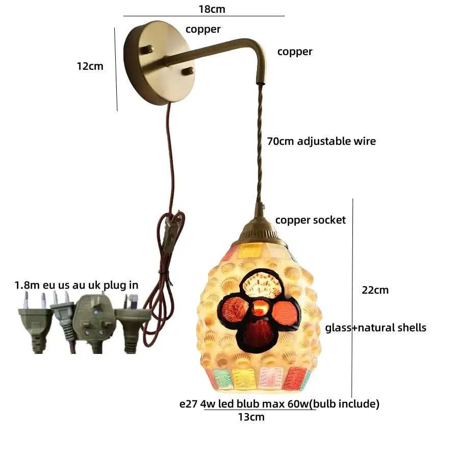 Decorbites amber glass led wall lights with decorative copper sconce and mosaic natural shell shade for home décor