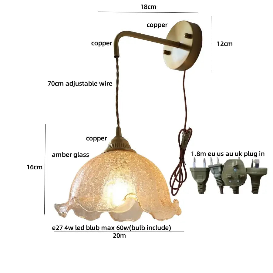 Antique-style DecorBites amber glass wall lights with textured copper and amber glass LED shade for home décor