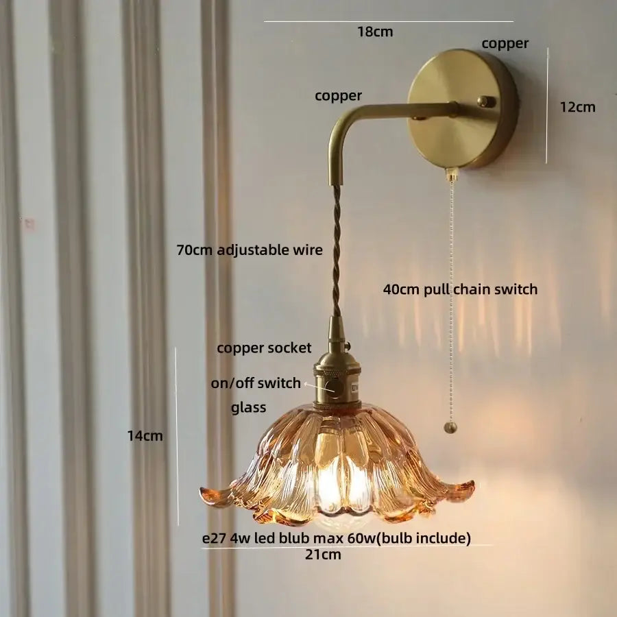 Decorbites amber glass led wall sconce with warm amber glass shade and copper finish metal hardware in modern nordic style