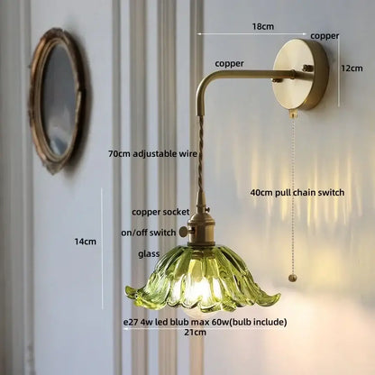 DecorBites amber glass led wall sconce with copper metal arm and green glass flower shade in modern Nordic style