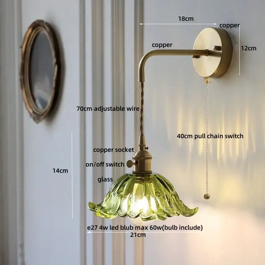 DecorBites amber glass led wall sconce with copper metal arm and green glass flower shade in modern Nordic style