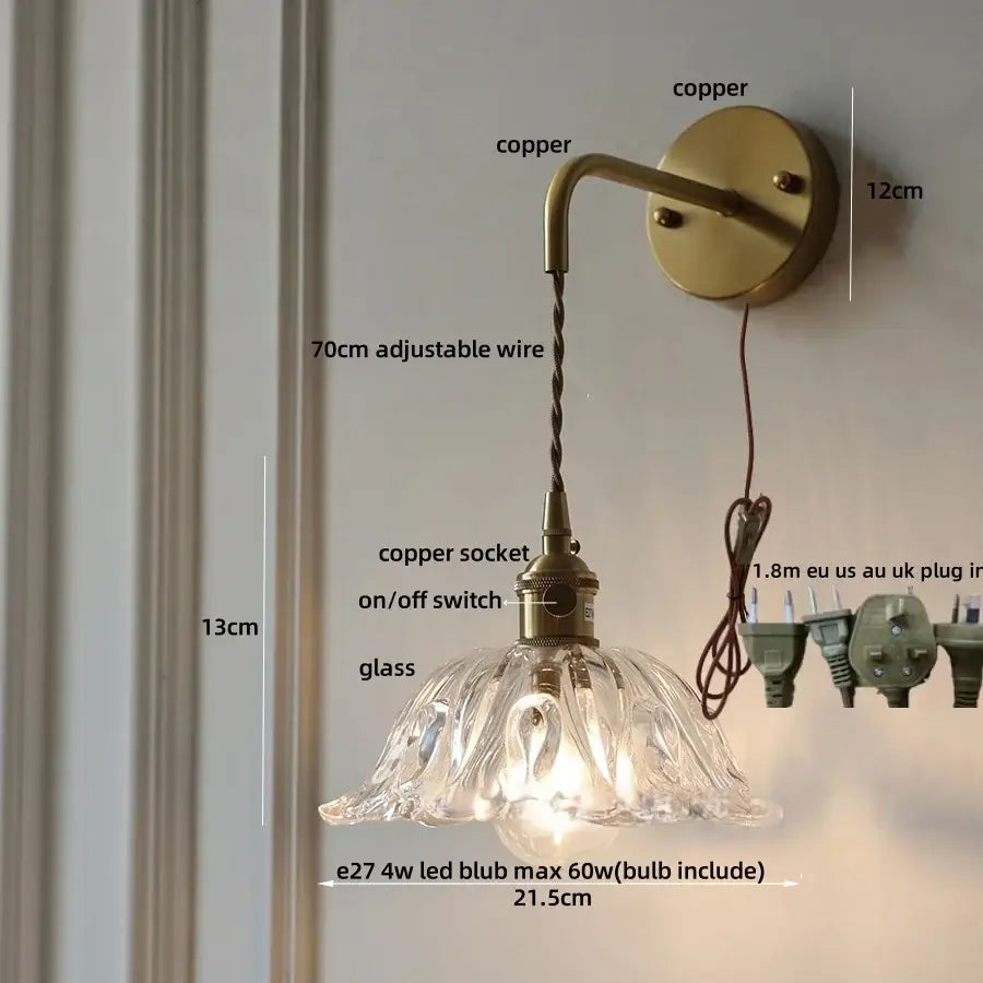 Vintage-style DecorBites amber glass LED wall sconce with clear fluted glass shade copper brass finish and adjustable wire