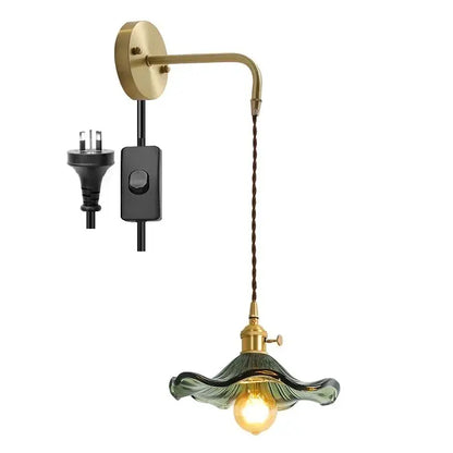 DecorBites amber glass wall sconce with brass arm and green ruffled glass shade for indoor wall lamp lighting