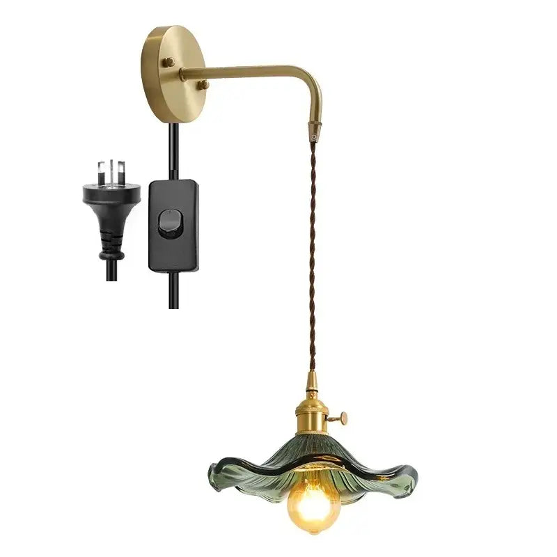 DecorBites amber glass wall sconce with brass arm and green ruffled glass shade for indoor wall lamp lighting