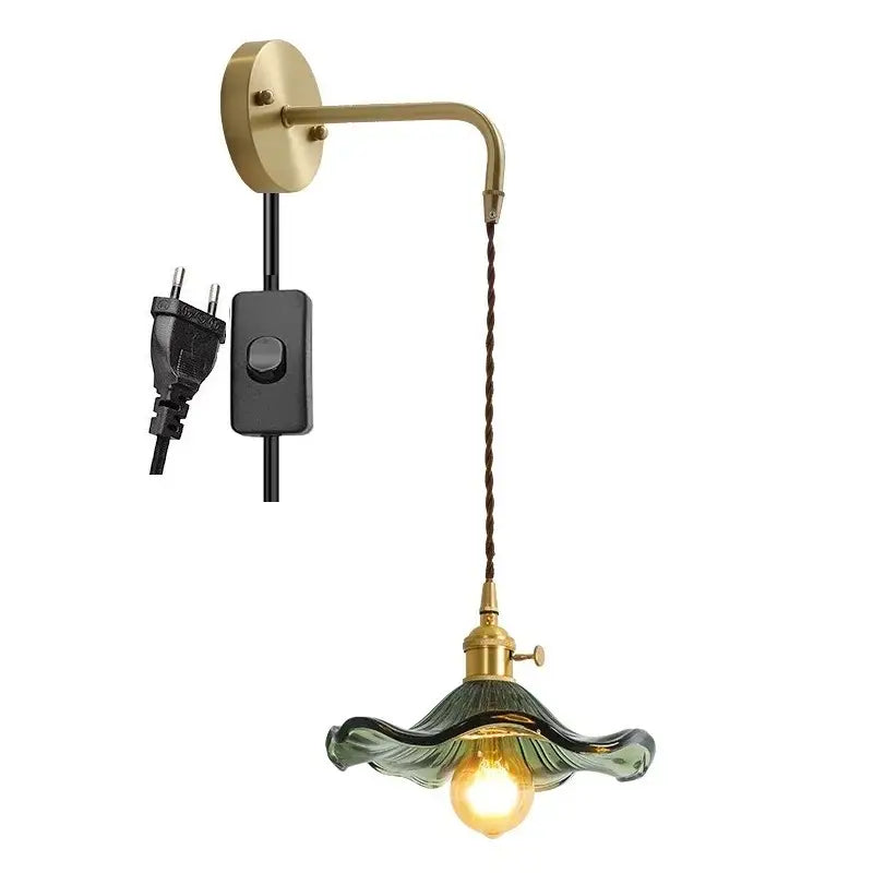Decorbites amber glass wall sconce wall lamp with brass arm and green ruffled glass shade for indoor lighting