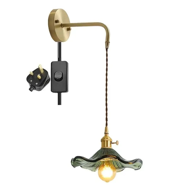 DecorBites amber glass wall sconce with brass arm and green ruffled glass shade for indoor home lighting
