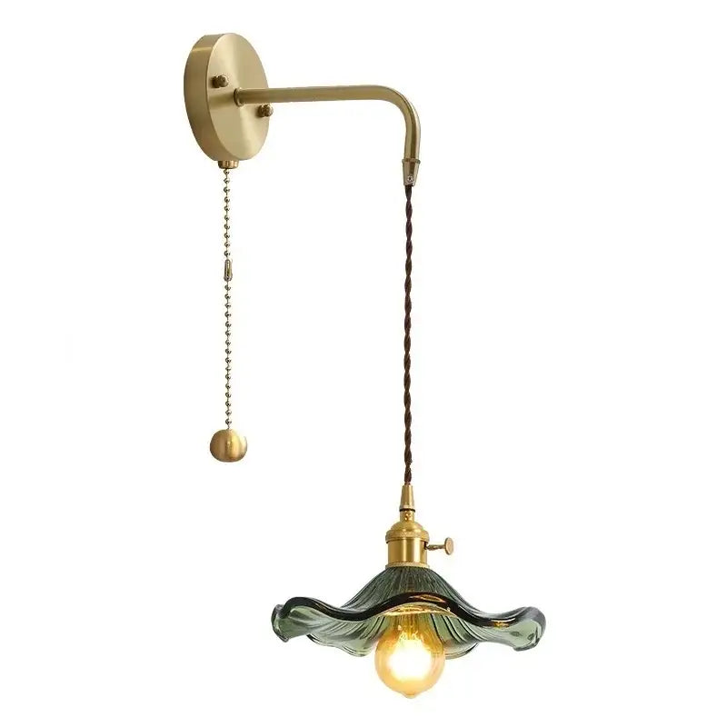 Antique brass decorbites amber glass wall sconce with twisted cord and elegant wavy green glass shade for indoor lighting