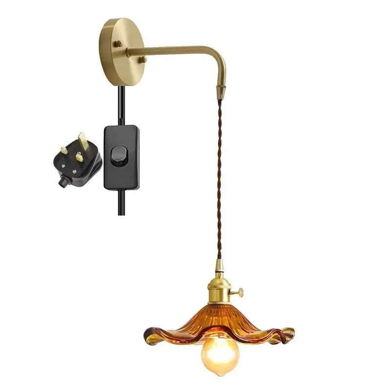 DecorBites amber glass wall sconce with brass arm twisted brown cord and amber glass shade for indoor lighting
