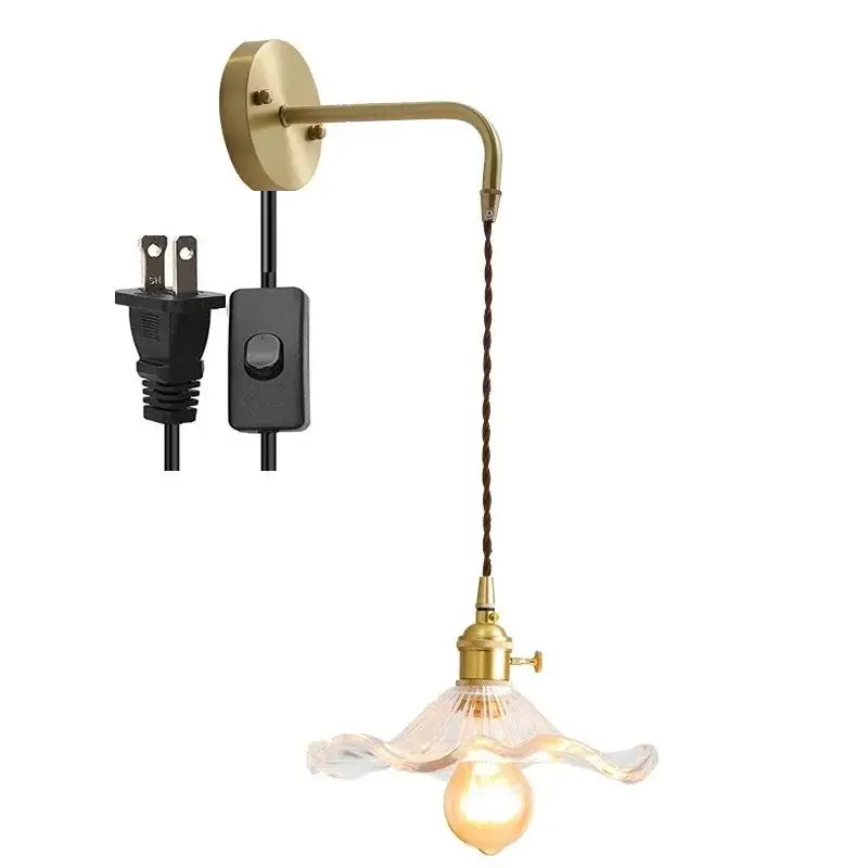 Decorbites amber glass wall sconce with brass mount, twisted brown cord, and clear fluted glass shade for indoor lighting