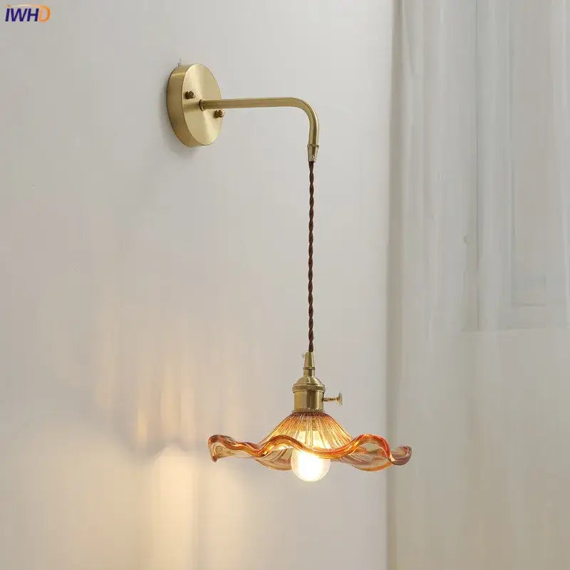 DecorBites amber glass wall sconce with brass arm and amber ruffled glass shade for indoor home lighting