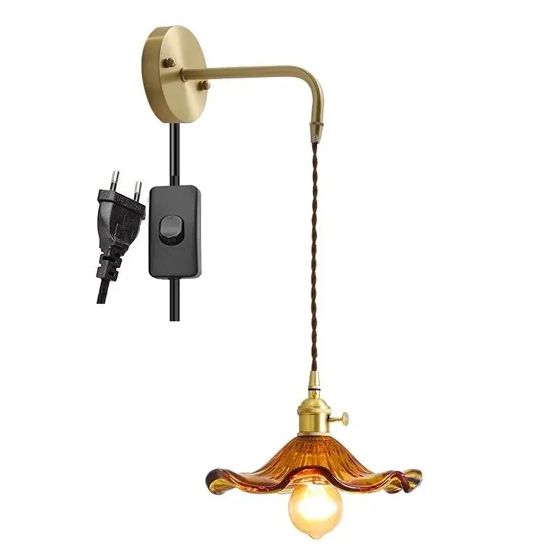 Decorbites amber glass vintage-style brass wall sconce with twisted brown cord and amber glass shade for indoor lighting