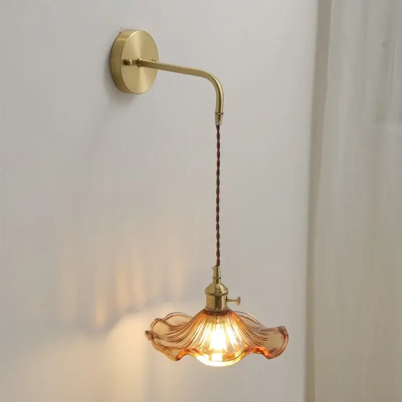 DecorBites amber glass wall sconce with warm amber glass ruffled shade and brass wall lamp for indoor lighting