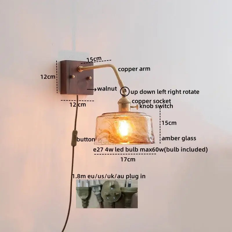 Decorbites amber glass led wall sconce with warm amber glass lamp copper arm and walnut wall plate pull chain switch
