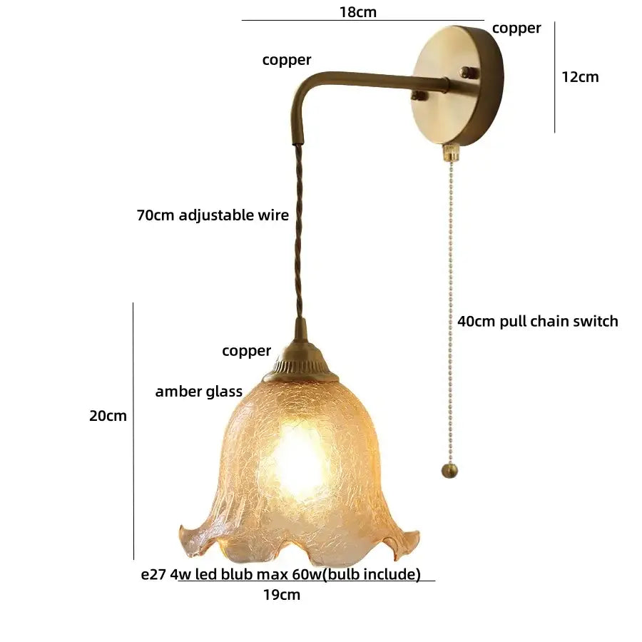 Antique brass-finished copper wall sconce with textured amber glass led shade and adjustable wire by DecorBites amber glass