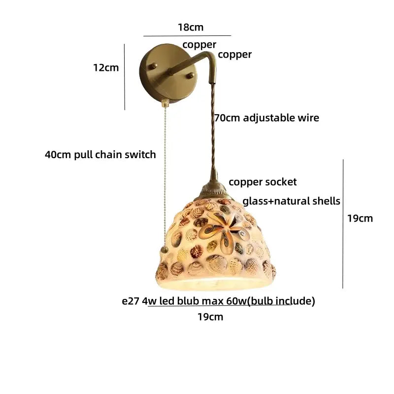 Decorbites amber glass led wall sconce with decorative copper, glass shade, seashells, and floral design for bedroom and bathroom