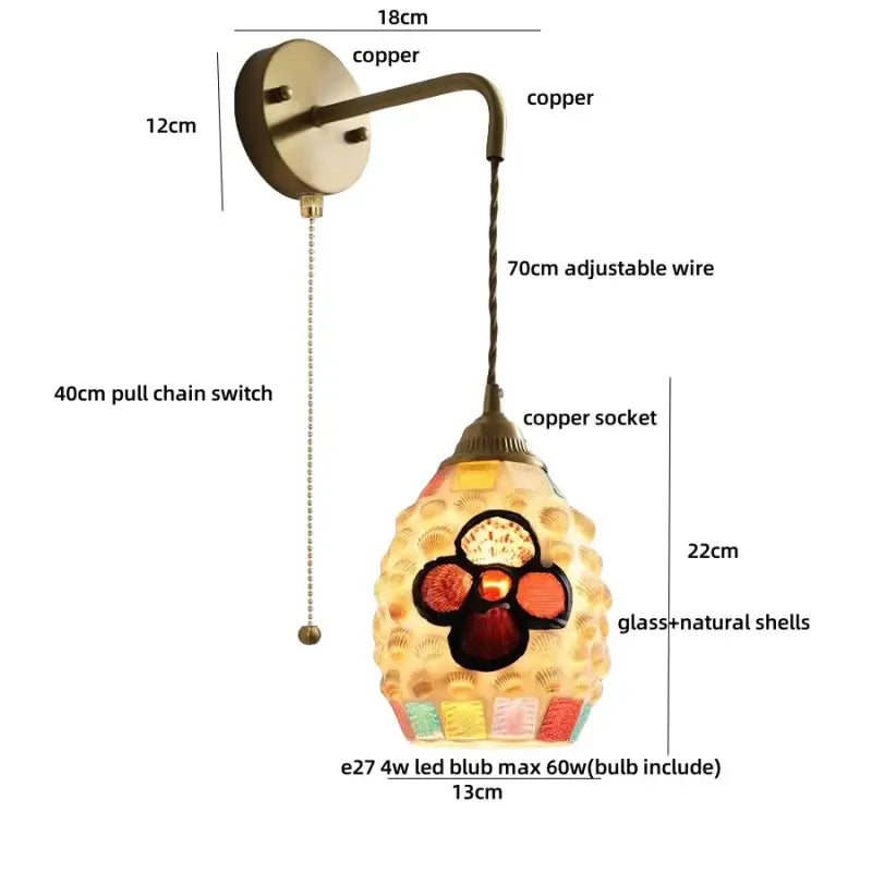 Decorbites amber glass led wall sconce with copper finish, adjustable wire, and ornate seashell glass shade for bathroom and bedroom