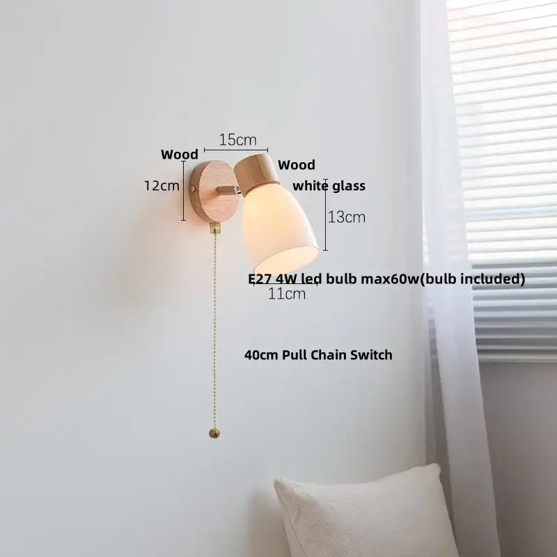 Minimalist decorbites amber glass wall sconce with light wood finish white shade and e27 led bulb pull chain switch