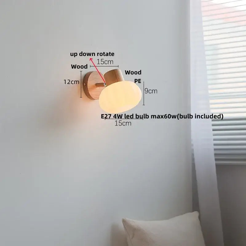 DecorBites amber glass led wall sconce with warm oval amber glass diffuser and natural wood base for nordic modern decor