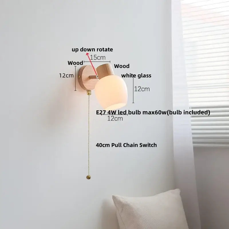 Minimalist wall sconce with decorbites amber glass led white shade light wood finish and brass pull chain switch