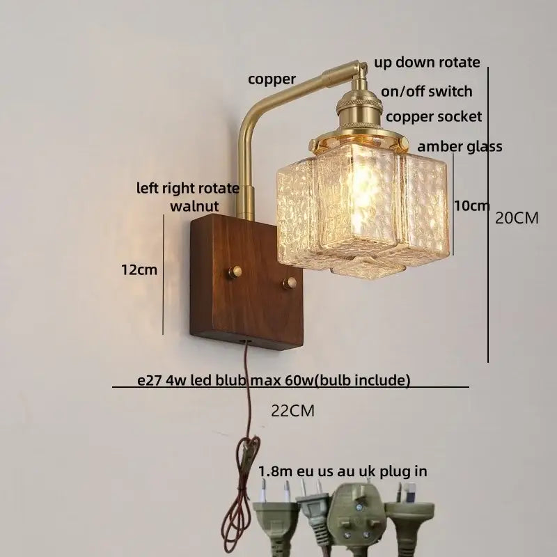 DecorBites amber glass LED wall sconce with antique brass finish and walnut wood base for living room lighting